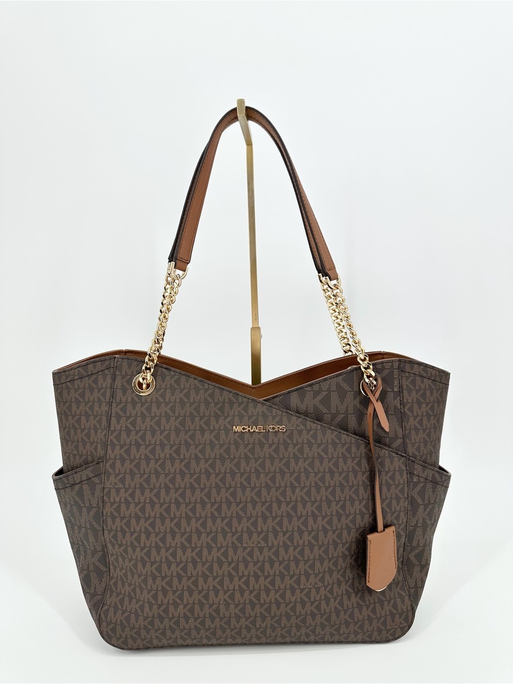 Michael Kors Jet Set Travel Large Chain Shoulder Tote Bag MK Signature Brown